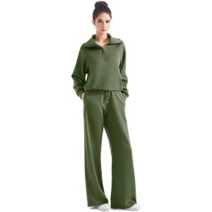 imageSUUKSESS Women 2 Piece Lounge Matching Set Wide Leg Sweatpant Half Zip SweatshirtArmy Green