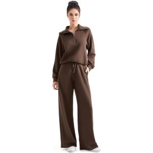 imageSUUKSESS Women 2 Piece Lounge Matching Set Wide Leg Sweatpant Half Zip SweatshirtDark Brown