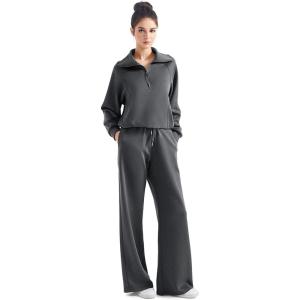 imageSUUKSESS Women 2 Piece Lounge Matching Set Wide Leg Sweatpant Half Zip SweatshirtDark Heather