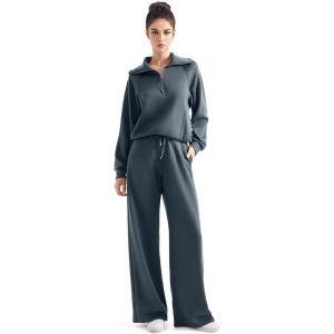 imageSUUKSESS Women 2 Piece Lounge Matching Set Wide Leg Sweatpant Half Zip SweatshirtDark Storm