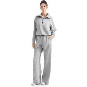 imageSUUKSESS Women 2 Piece Lounge Matching Set Wide Leg Sweatpant Half Zip SweatshirtGrey Heather