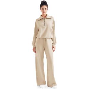 imageSUUKSESS Women 2 Piece Lounge Matching Set Wide Leg Sweatpant Half Zip SweatshirtKhaki