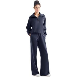 imageSUUKSESS Women 2 Piece Lounge Matching Set Wide Leg Sweatpant Half Zip SweatshirtNavy