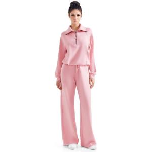 imageSUUKSESS Women 2 Piece Lounge Matching Set Wide Leg Sweatpant Half Zip SweatshirtPink