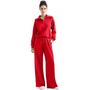 imageSUUKSESS Women 2 Piece Lounge Matching Set Wide Leg Sweatpant Half Zip SweatshirtRed