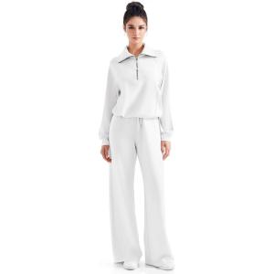 imageSUUKSESS Women 2 Piece Lounge Matching Set Wide Leg Sweatpant Half Zip SweatshirtWhite