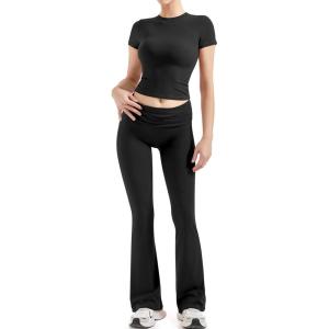 imageSUUKSESS Women 2 Piece Lounge Sets Going Out Y2K Foldover Pants Matching PajamasBlack