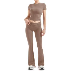 imageSUUKSESS Women 2 Piece Lounge Sets Going Out Y2K Foldover Pants Matching PajamasKhaki