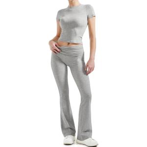 imageSUUKSESS Women 2 Piece Lounge Sets Going Out Y2K Foldover Pants Matching PajamasLight Grey