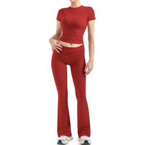 imageSUUKSESS Women 2 Piece Lounge Sets Going Out Y2K Foldover Pants Matching PajamasRed