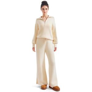 imageSUUKSESS Women 2 Piece Lounge Sets Oversized Quarter Zip Pullover Wide Leg PantsBeige