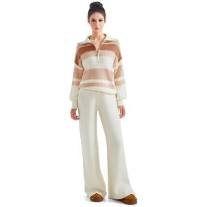 imageSUUKSESS Women 2 Piece Lounge Sets Oversized Quarter Zip Pullover Wide Leg PantsBeige Striped