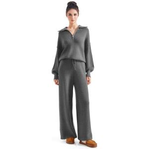 imageSUUKSESS Women 2 Piece Lounge Sets Oversized Quarter Zip Pullover Wide Leg PantsDark Gray