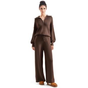 imageSUUKSESS Women 2 Piece Lounge Sets Oversized Quarter Zip Pullover Wide Leg PantsMocha