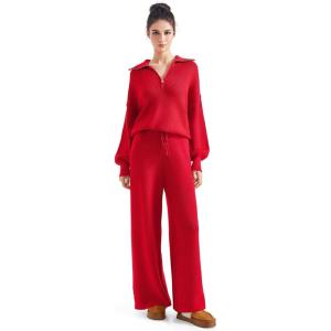 imageSUUKSESS Women 2 Piece Lounge Sets Oversized Quarter Zip Pullover Wide Leg PantsRed
