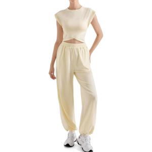imageSUUKSESS Women 2 Piece Matching Lounge Workout Sets Outfits Sleeveless Cropped Tops Summer High Waisted Wide Leg PantsBeige