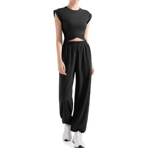 imageSUUKSESS Women 2 Piece Matching Lounge Workout Sets Outfits Sleeveless Cropped Tops Summer High Waisted Wide Leg PantsBlack