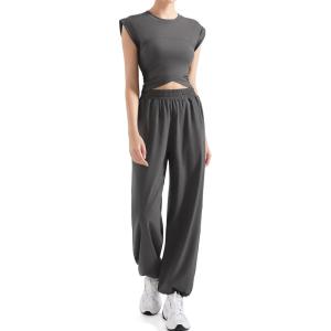 imageSUUKSESS Women 2 Piece Matching Lounge Workout Sets Outfits Sleeveless Cropped Tops Summer High Waisted Wide Leg PantsGray