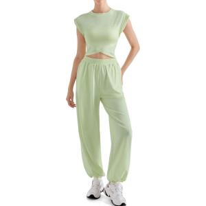 imageSUUKSESS Women 2 Piece Matching Lounge Workout Sets Outfits Sleeveless Cropped Tops Summer High Waisted Wide Leg PantsGreen