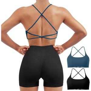 imageSUUKSESS Women 2 Piece Open Back Sports Bra Pack Strappy Workout Gym Yoga Crops1 Pack Blue  Black