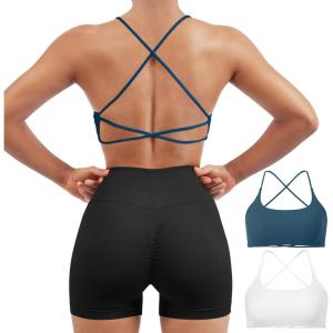 imageSUUKSESS Women 2 Piece Open Back Sports Bra Pack Strappy Workout Gym Yoga Crops1 Pack Blue  White