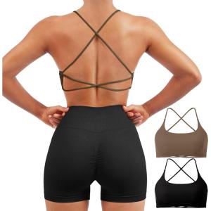 imageSUUKSESS Women 2 Piece Open Back Sports Bra Pack Strappy Workout Gym Yoga Crops1 Pack Coffee  Black
