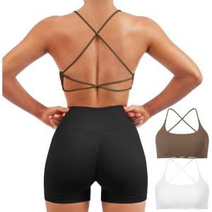 imageSUUKSESS Women 2 Piece Open Back Sports Bra Pack Strappy Workout Gym Yoga Crops1 Pack Coffee  White