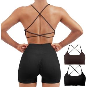 imageSUUKSESS Women 2 Piece Open Back Sports Bra Pack Strappy Workout Gym Yoga Crops1 Pack Dark Brown  Black