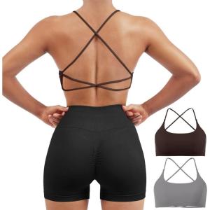 imageSUUKSESS Women 2 Piece Open Back Sports Bra Pack Strappy Workout Gym Yoga Crops1 Pack Dark Brown  Grey