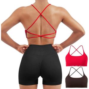 imageSUUKSESS Women 2 Piece Open Back Sports Bra Pack Strappy Workout Gym Yoga Crops1 Pack Dark Brown  Red