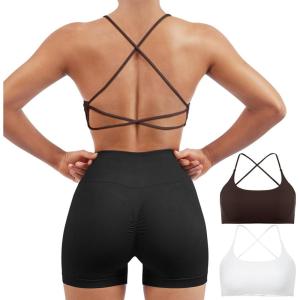 imageSUUKSESS Women 2 Piece Open Back Sports Bra Pack Strappy Workout Gym Yoga Crops1 Pack Dark Brown  White