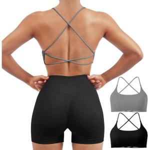 imageSUUKSESS Women 2 Piece Open Back Sports Bra Pack Strappy Workout Gym Yoga Crops1 Pack Grey  Black