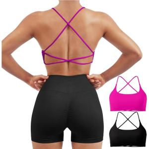 imageSUUKSESS Women 2 Piece Open Back Sports Bra Pack Strappy Workout Gym Yoga Crops1 Pack Hot Pink  Black