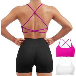 imageSUUKSESS Women 2 Piece Open Back Sports Bra Pack Strappy Workout Gym Yoga Crops1 Pack Hot Pink  White