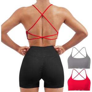 imageSUUKSESS Women 2 Piece Open Back Sports Bra Pack Strappy Workout Gym Yoga Crops1 Pack Red  Grey