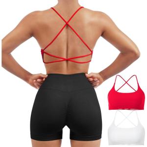 imageSUUKSESS Women 2 Piece Open Back Sports Bra Pack Strappy Workout Gym Yoga Crops1 Pack Red  White