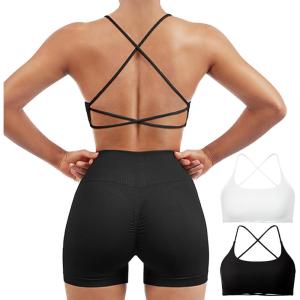 imageSUUKSESS Women 2 Piece Open Back Sports Bra Pack Strappy Workout Gym Yoga Crops1 Pack White  Black