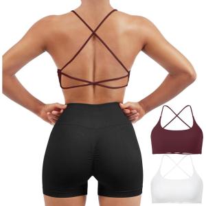 imageSUUKSESS Women 2 Piece Open Back Sports Bra Pack Strappy Workout Gym Yoga Crops1 Pack Wine Red  White