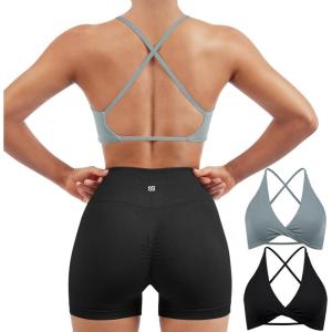 imageSUUKSESS Women 2 Piece Open Back Strappy Sports Bra Pack Twist V Neck Workout Crops2 Black  Grey