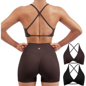 imageSUUKSESS Women 2 Piece Open Back Strappy Sports Bra Pack Twist V Neck Workout Crops2 Dark Brown  Black