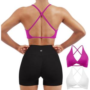 imageSUUKSESS Women 2 Piece Open Back Strappy Sports Bra Pack Twist V Neck Workout Crops2 Hot Pink  White