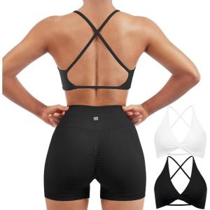 imageSUUKSESS Women 2 Piece Open Back Strappy Sports Bra Pack Twist V Neck Workout Crops2 White  Black
