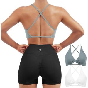 imageSUUKSESS Women 2 Piece Open Back Strappy Sports Bra Pack Twist V Neck Workout Crops2 White  Grey