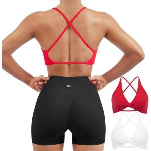 imageSUUKSESS Women 2 Piece Open Back Strappy Sports Bra Pack Twist V Neck Workout Crops2 White  Red