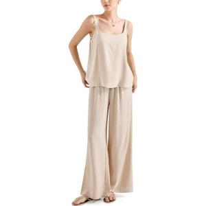 imageSUUKSESS Women 2 Piece Outfits Linen Lounge Set Wide Leg Pants Matching SetsApricot