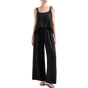 imageSUUKSESS Women 2 Piece Outfits Linen Lounge Set Wide Leg Pants Matching SetsBlack