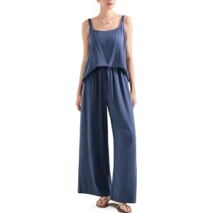 imageSUUKSESS Women 2 Piece Outfits Linen Lounge Set Wide Leg Pants Matching SetsBlue