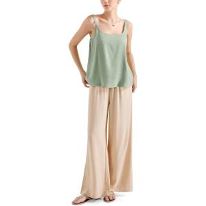 imageSUUKSESS Women 2 Piece Outfits Linen Lounge Set Wide Leg Pants Matching SetsGreen Apricot
