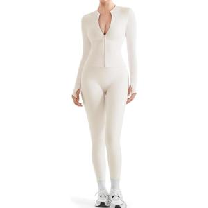 imageSUUKSESS Women 2 Piece Seamless Ribbed Workout Sets With Zip Up Jacket High Waisted Gym Yoga LeggingsBeige