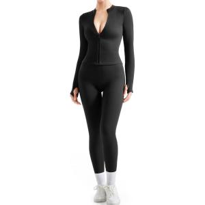 imageSUUKSESS Women 2 Piece Seamless Ribbed Workout Sets With Zip Up Jacket High Waisted Gym Yoga LeggingsBlack